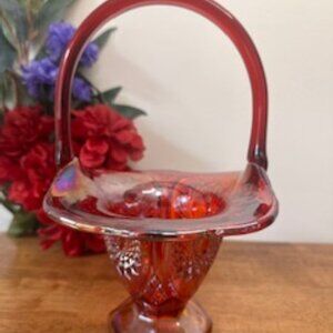 Indiana Glass Ruby Red Carnival Glass Basket Vintage Diamond Point Sunburst Hand